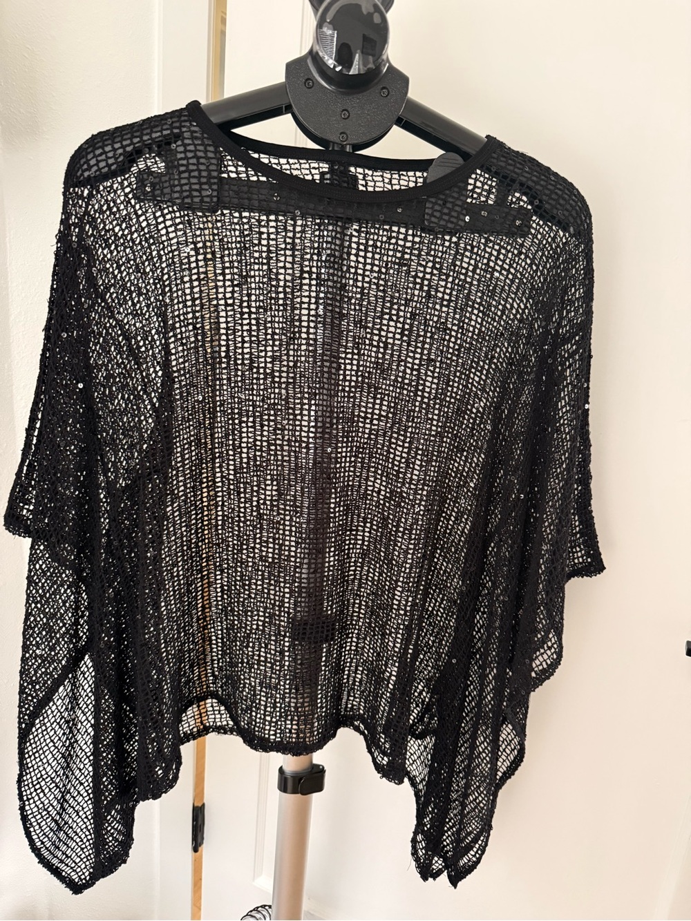 Black Open-Knit Women’s Poncho Shrug - Lightweight Layering Top